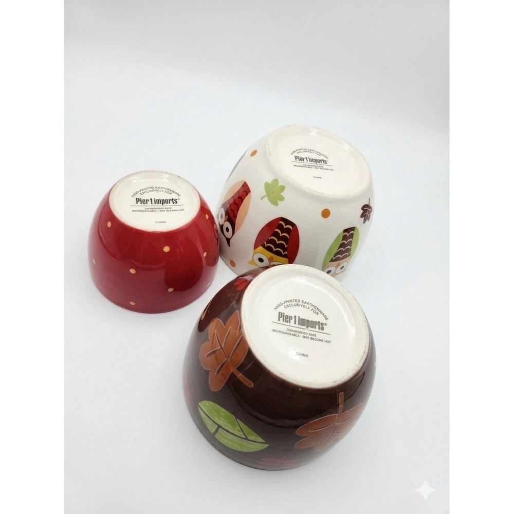 Pier 1 Imports Owl Fall Leaves Nesting Bowls Set of 3 Hand Painted Earthenware